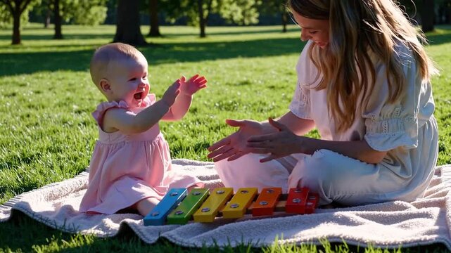 Parent and child bonding over outdoor xylophone playtime