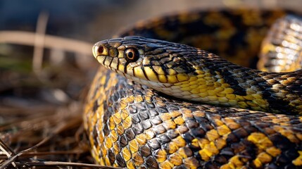 Close-up of a Yellow and Black Snake Coiled on the Ground in a Natural Habitat