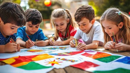 Fototapeta premium Group of children collaboratively drawing on a large sheet of paper with colorful pencils outside together