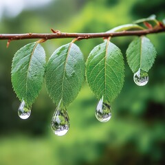 Close-up of fresh green leaves with water droplets hanging from the tips, vibrant natural foliage background, detailed texture, and macro shot of wet plant life on a rainy day