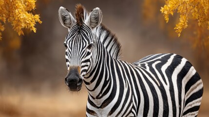 Close-up of a Striking Zebra in a Natural Autumn Landscape with Fall Foliage and Warm Tones, Highlighting Unique Black and White Stripes and Expressive Facial Features