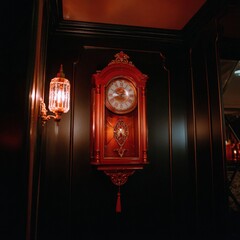Elegant vintage wall clock with ornate design and gold accents hanging on dark wood-paneled wall illuminated by decorative wall sconce in dimly lit interior