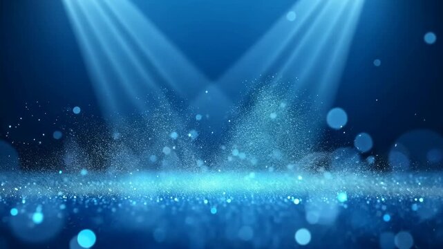 Vibrant blue stage with dynamic spotlight effects and shimmering particles