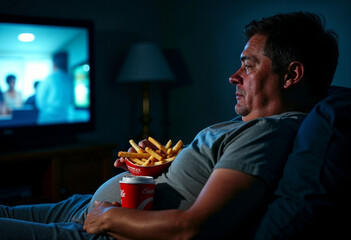 Overweight Person Watching TV While Eating Fast Food Alone
