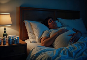 Overweight Person Sleeping in Bed with Medication on Nightstand