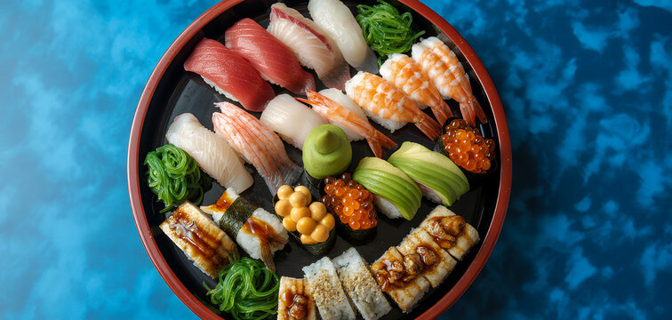 Assortment of fresh seafood sushi and sashimi fish shrimp