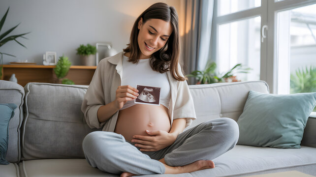 Expectant mother holds ultrasound scan with joy sitting on sofa at home near window, feeling baby bump and awaiting childbirth.
