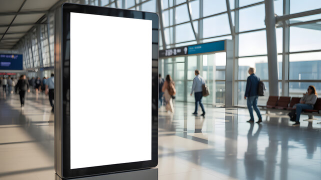 A blank advertising billboard stands prominently in a busy airport terminal, offering a clear space for promotional messages targeting travelers.