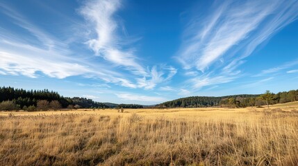 Fototapeta premium Open landscape featuring dry reeds swaying gently, with a distant forest stretching across the horizon under a clear blue sky. This natural scene captures the tranquility of rural outdoors