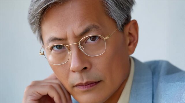 Asian man in his fifties, wearing glasses and a light blue blazer with gray hair
