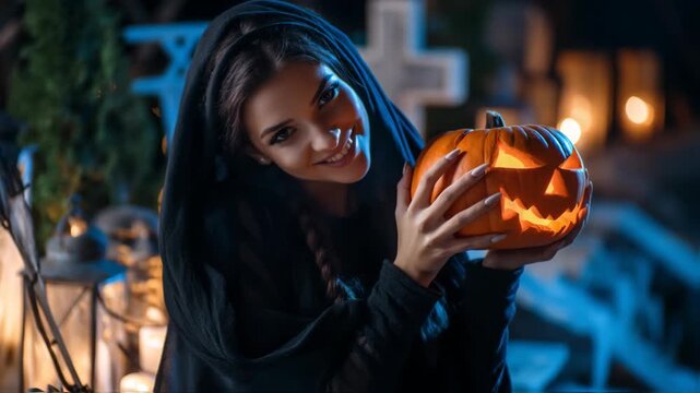 A woman in a black cloak holding a carved pumpkin with a spooky smiling face during Halloween night at graveyard
