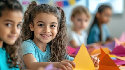Smiling girl with curly hair doing crafts with colorful paper in a classroom setting with friends