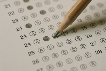 Close up of pencil marking answer on multiple choice exam sheet with answers A to E filled in, tense test moment during exam preparation background