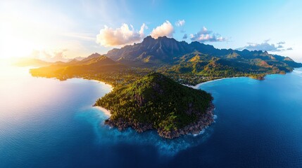 Breathtaking aerial view of lush green islands surrounded by shimme blue ocean under sunny sky du daytime