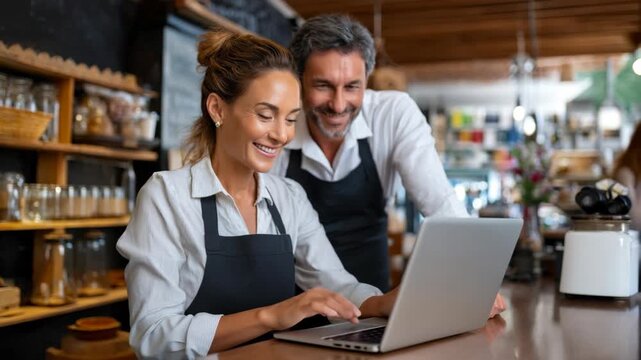 A couple in aprons happily working on a laptop in a cafe, with soft lighting setting the scene