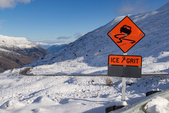 The Crown Range Road between Queenstown and Wanaka in the South Island of New Zealand, the highest road in the country, on a snowy winter day