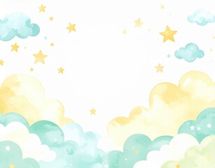 Fototapeta premium Gentle watercolor clouds and stars in pastel yellow and turquoise hues