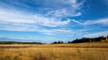 Fototapeta premium Open landscape featuring dry reeds swaying gently, with a distant forest stretching across the horizon under a clear blue sky. This natural scene captures the tranquility of rural outdoors
