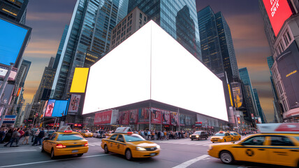 Times Square vibrancy featuring a blank billboard amidst skyscrapers and yellow taxis creating an urban canvas for advertising.