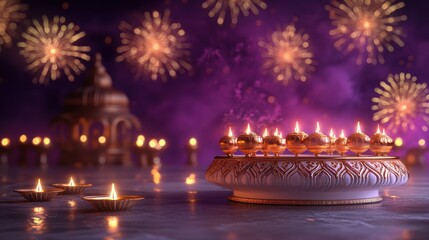 Banner design for diwali festival and podium,Diwali light decoration candle with fireworks,Stage,Product display Showcase design sparkle background,Deepavali,Dipavali,3D podium illustration.