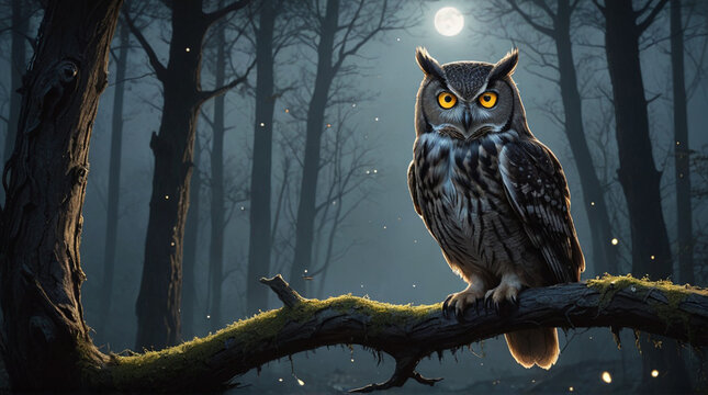 Majestic owl with bright yellow eyes perched on a mossy branch in a mystical moonlit forest with glowing orbs. - Powered by Adobe