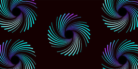Seamless abstract pattern of glowing radial spiral dots in vibrant cyan, blue, and purple tones on a dark background, creating a futuristic and hypnotic visual effect.