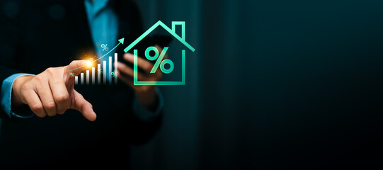 Businessman pointing at rising bar chart with glowing percentage symbol and house icon, representing increasing mortgage rates, home loan growth, interest rate trends, real estate investment finance