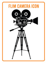 Obraz premium Vintage Film Camera Silhouette on Tripod, Retro Movie Camcorder Vector Icon for Cinematic Design, Medias icon great for any use.