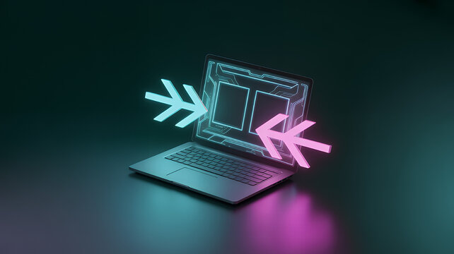Laptop with glowing arrows and digital interface technology