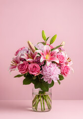 Fototapeta premium A bouquet of pink flowers is displayed on a pink background