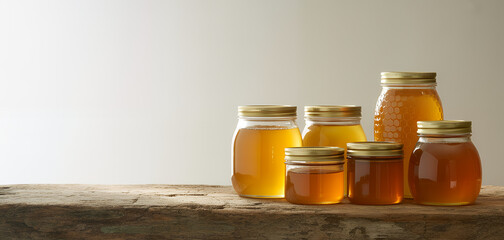 Amber honey jars golden lids rustic wood glass