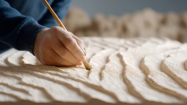Artisan's hands carefully carving a detailed pattern onto a stone surface. This image shows the dedication and skill involved in traditional craftsmanship