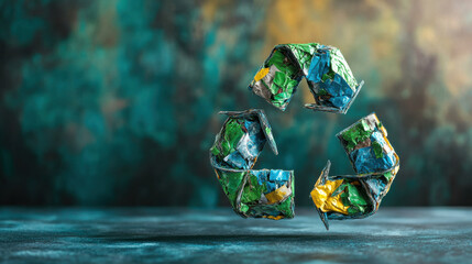 Recycling symbol made of repurposed materials, creative representation of sustainability, environmental awareness concept, high-resolution artistic shot —ar 16:9 
