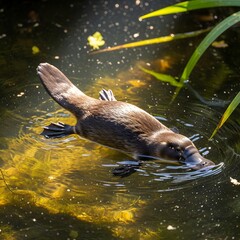 Naklejka premium A platypus gracefully swims through the water, displaying its unique bill and webbed feet in a natural habitat.