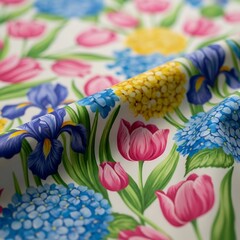 Vibrant Spring Floral Fabric: Tulips, Irises, and Hydrangeas on Cream Background