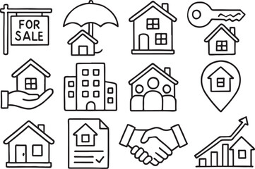 Real estate icons set line art black outlines house