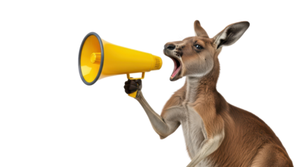 Kangaroo announces loudly through a yellow megaphone with its mouth wide open