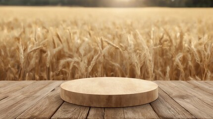 Empty wooden log on rustic table over wheat field background. Jewish holiday Shavuot mock up for design and product display