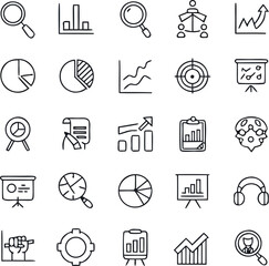 Pie chart, bar graph, zoom tool, team hierarchy, trend arrow, presentation board, comparison chart, curve line, radar, board analytics, report, strategy, clipboard, goal setting, pie graphs Icons.