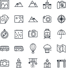 Fototapeta premium Photo frame, mountain, castle, suitcase, images, picture, photo camera, compass, timer, map, train, umbrella, bus, hot air balloon, tower, amusement park, travel brochure, gate, tour, sightseeing Icon
