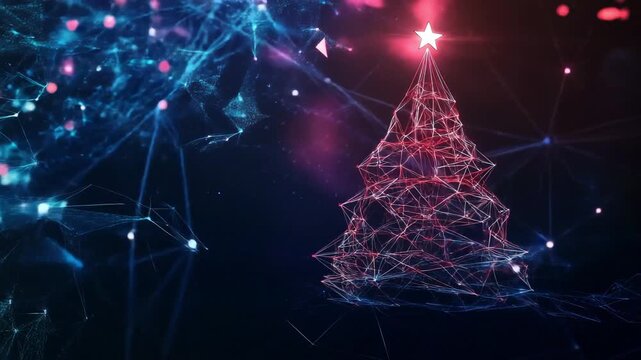 Red christmas tree rotating on a plexus network with glowing particles
