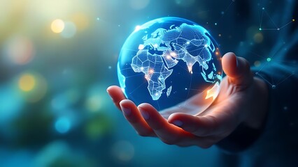 A hand holding a glowing digital globe with network connections, symbolizing global communication, data sharing, and futuristic technology in a connected digital world