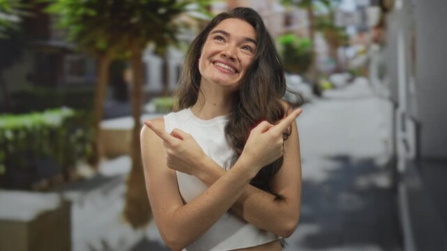 Young woman pointing finger toward opposite directions on a sunlit street corner lined with potted plants; guidance direction clarity optimism.