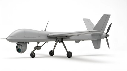 Fototapeta premium Side Profile of Tactical Reconnaissance Drone with Foldable Wings on White Background