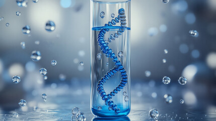 DNA Helix Model in a Laboratory Tube with Floating Water Bubbles