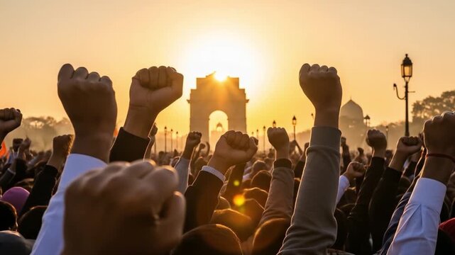 Republic day India sunrise protest at India Gate Delhi captures peaceful demonstrations and patriotic fervor for use in news articles, blog posts, and social media. - Powered by Adobe