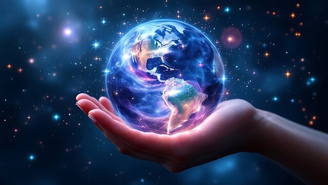 A hand holding a glowing digital globe with network connections, symbolizing global communication, data sharing, and futuristic technology in a connected digital world