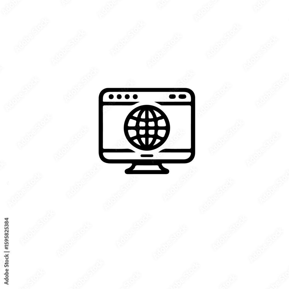 Fototapete A minimalist line drawing of a computer monitor showing a globe icon on it