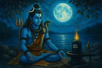 Divine painting of lord shiva meditating near river with shivling under full moon night holding trishul and wearing tiger skin and snake ornament