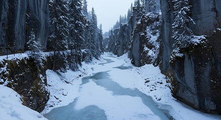 a deep winter canyon, with snow-covered walls and a frozen river at its base. The scale and grandeur of the natural formation are emphasized.